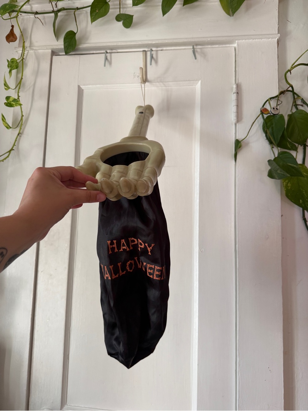 Happy Halloween vintage trick or treat skeleton hand bag